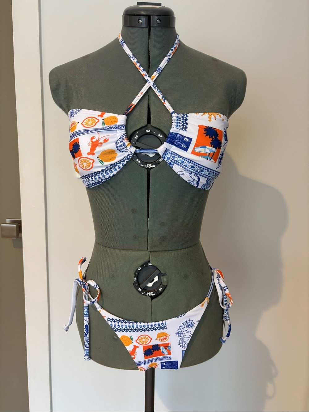 CUPSHE White Blue Orange Coastal Print Ring Halter Bikini Set NWT Size S